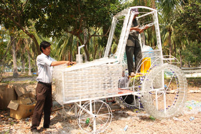 A plough model made from plastic bottles.