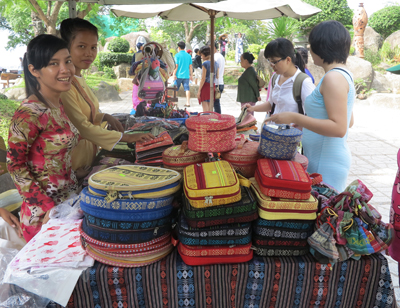 Numerous products made of Cham brocade displayed at Ponagar Temple.