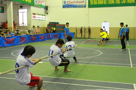 Players competing in tug of war.