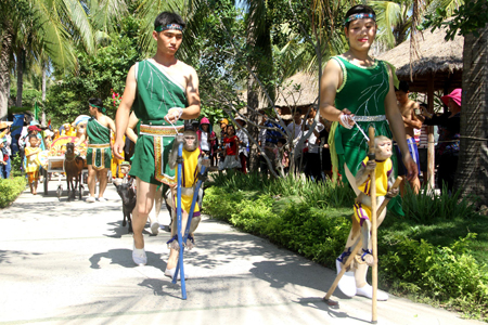 Monkeys walk on stilts.