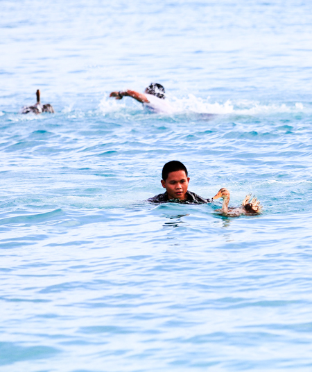 Soldiers catching ducks in the sea.