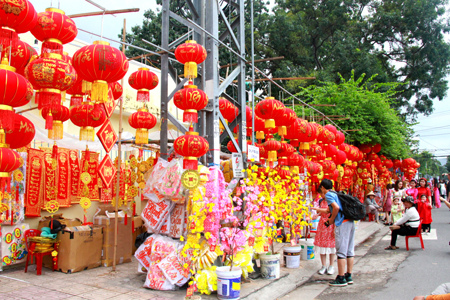 Stretch of street becomes beautiful with plentiful red lanterns.