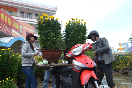 People work as flower pot carriers. 