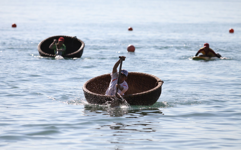 Bamboo boat paddling.