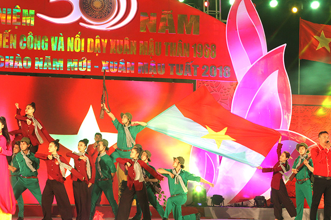 Singers and dancers of Hai Dang Song and Dance Troop performing at videoconference in Nha Trang