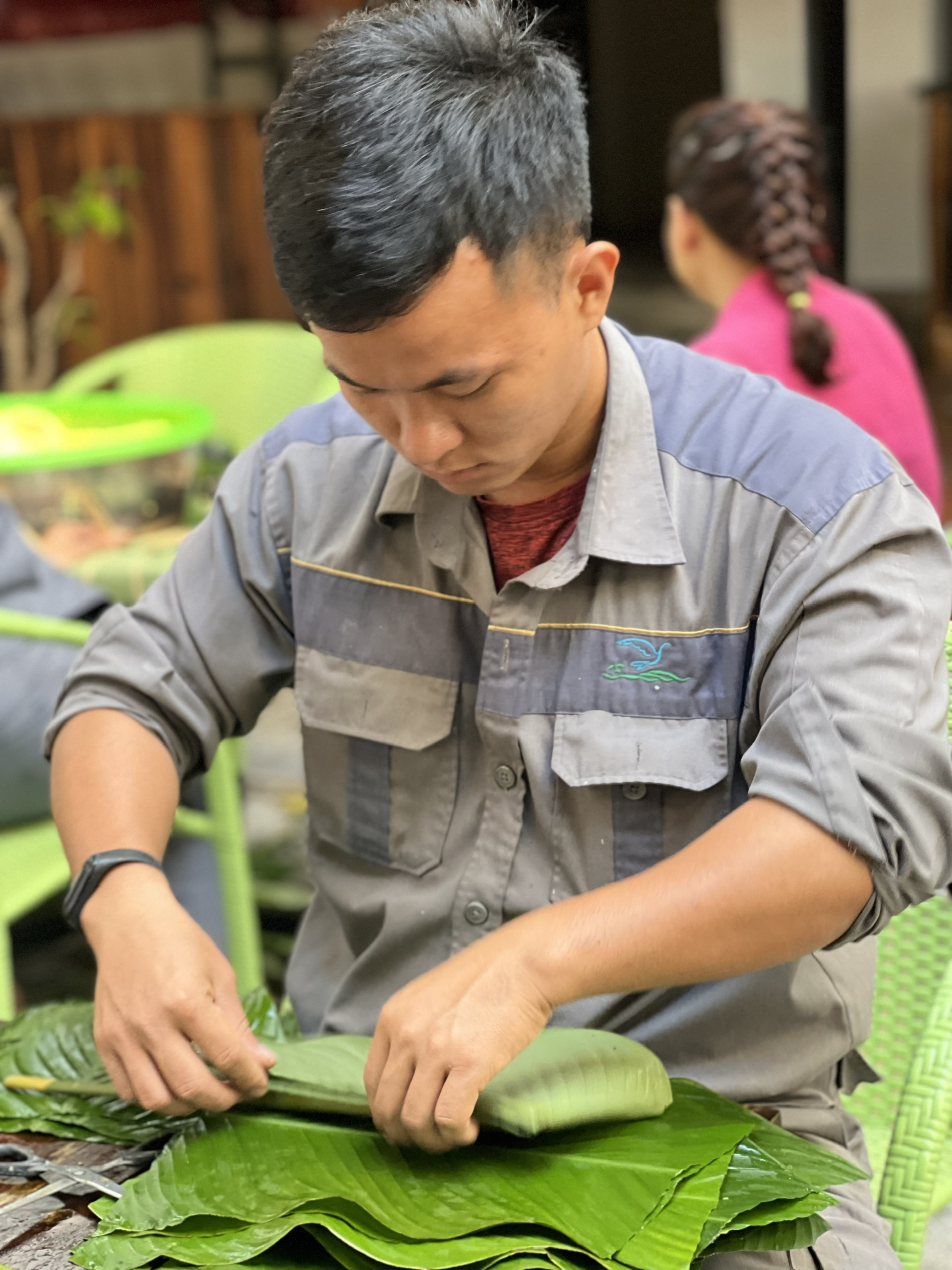 Preparing “Dong” leaves to wrap “banh chung”